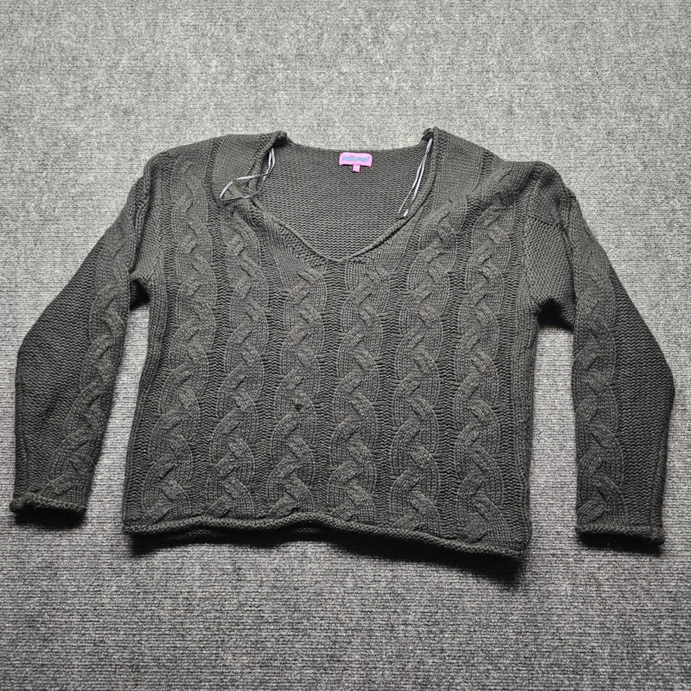 Edikted Womens Cable Knit V-Neck Sweater Charcoal Grey Long Sleeve XS